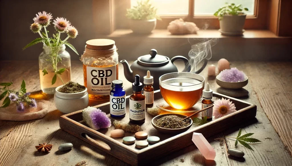 DALL·E 2024-10-15 19.20.56 - An image showcasing a natural anxiety relief setup, featuring supplements like CBD oil, magnesium, and passionflower on a wooden tray. Surrounding the