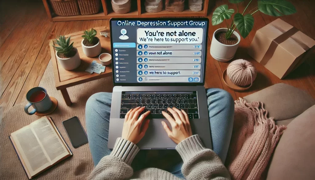 DALL·E 2024-10-16 10.09.37 - A person sitting comfortably with a laptop, participating in an online depression support group. The screen shows clear, legible chat messages with up