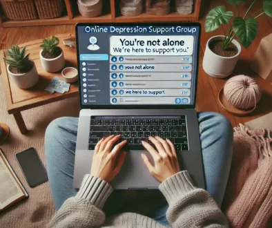 DALL·E 2024-10-16 10.09.37 - A person sitting comfortably with a laptop, participating in an online depression support group. The screen shows clear, legible chat messages with up