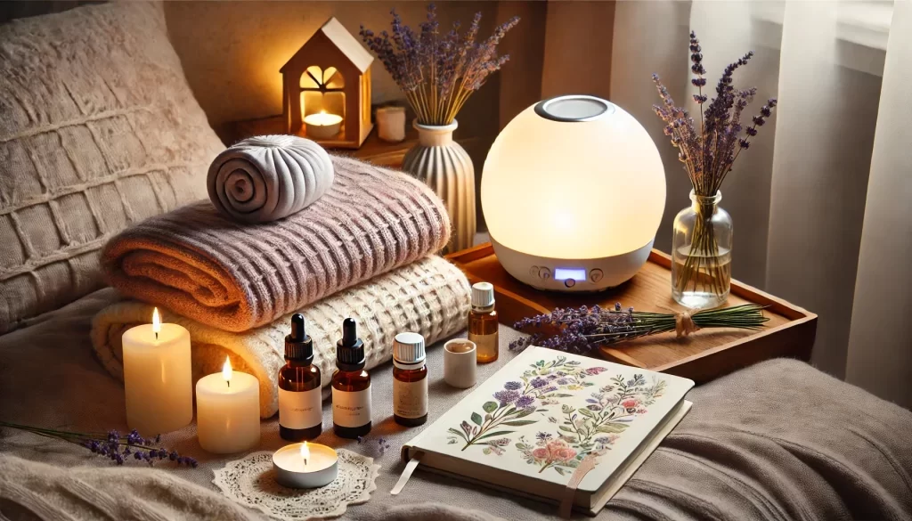 DALL·E 2024-10-16 22.06.16 - A calming, serene setup featuring depression self-care products for emotional well-being. The scene includes a weighted blanket neatly folded, a light