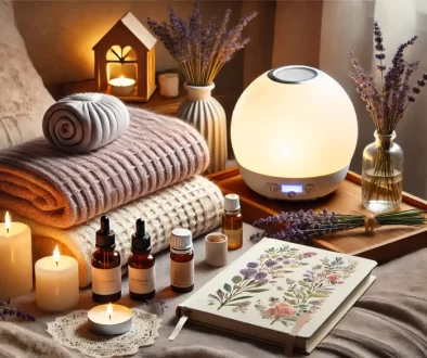 DALL·E 2024-10-16 22.06.16 - A calming, serene setup featuring depression self-care products for emotional well-being. The scene includes a weighted blanket neatly folded, a light