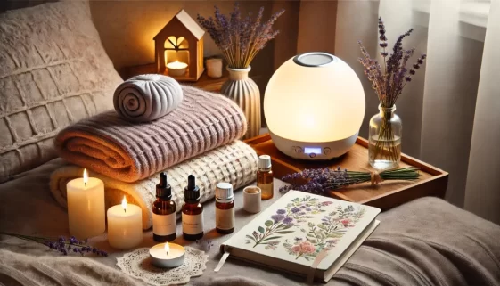 DALL·E 2024-10-16 22.06.16 - A calming, serene setup featuring depression self-care products for emotional well-being. The scene includes a weighted blanket neatly folded, a light