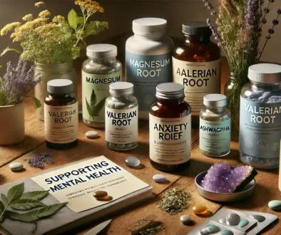 DALL·E 2024-10-15 16.57.43 - A collection of anxiety relief supplements on a natural wood surface, including bottles of magnesium, valerian root, and ashwagandha. Scattered among