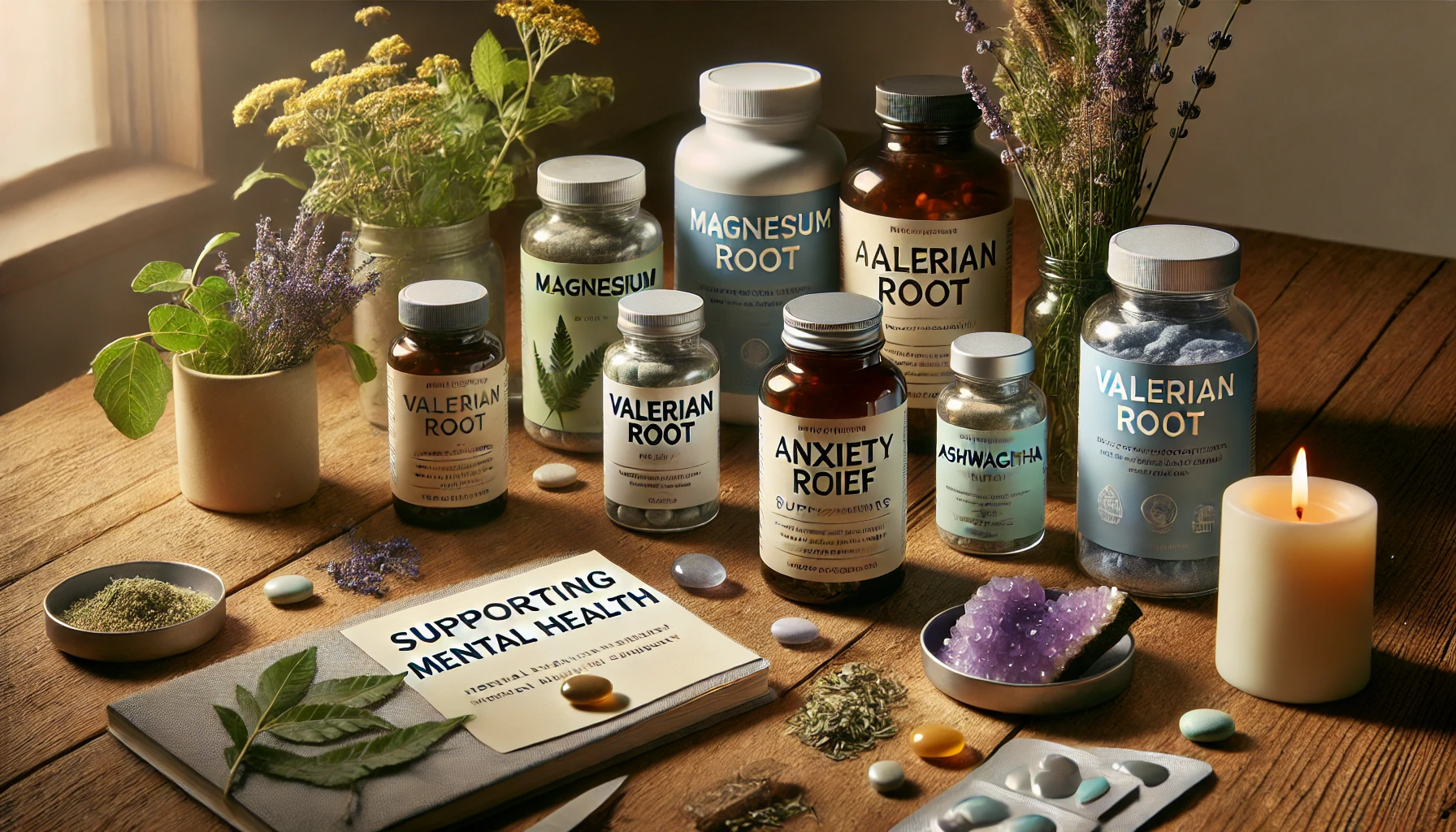 DALL·E 2024-10-15 16.57.43 - A collection of anxiety relief supplements on a natural wood surface, including bottles of magnesium, valerian root, and ashwagandha. Scattered among