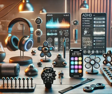 DALL·E 2024-11-27 18.16.23 - A futuristic scene showcasing a variety of ADHD therapy tools and gadgets designed to boost focus and productivity. The image includes high-tech items