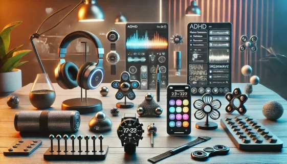 DALL·E 2024-11-27 18.16.23 - A futuristic scene showcasing a variety of ADHD therapy tools and gadgets designed to boost focus and productivity. The image includes high-tech items